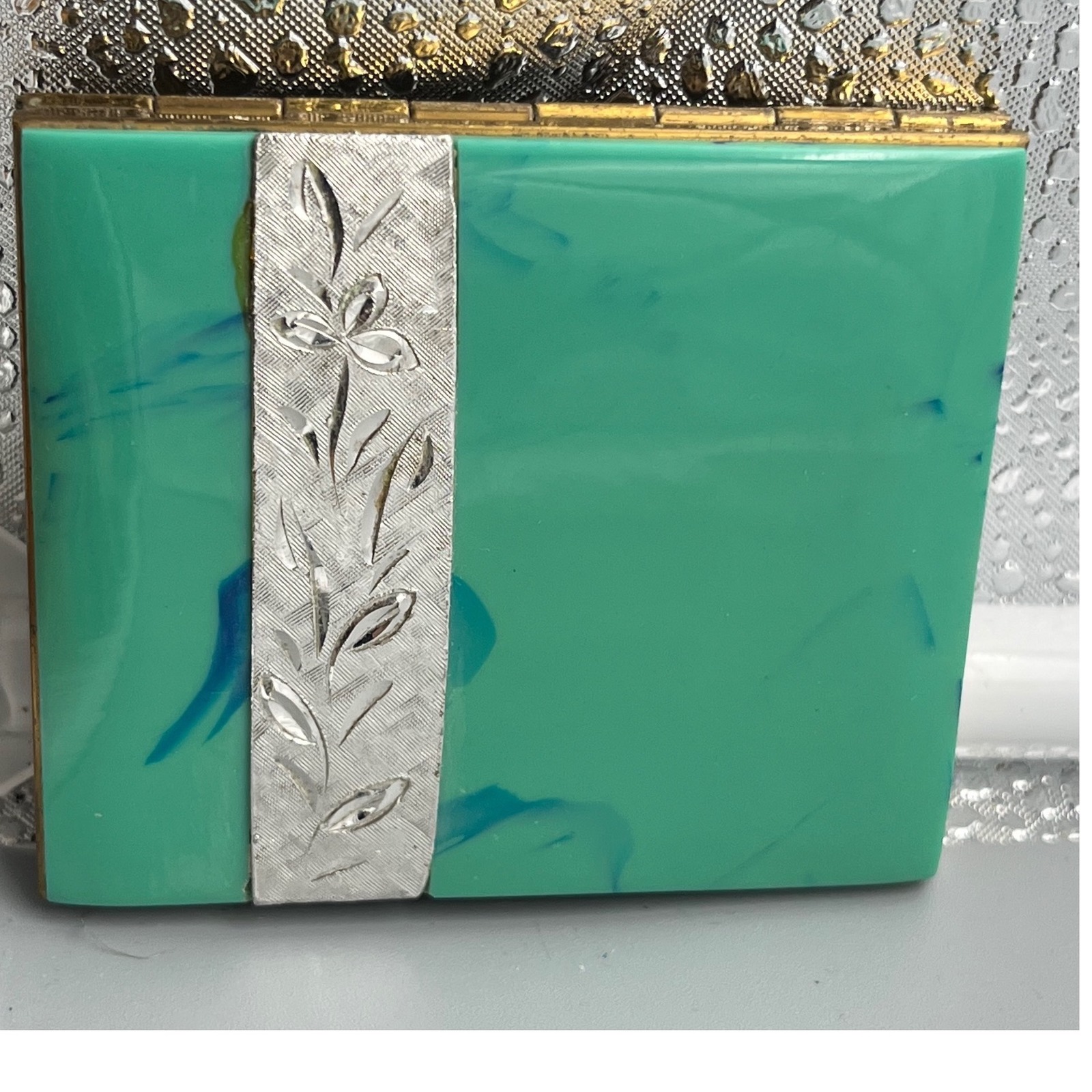 Vintage Green And Goldtone Powder Makeup Compact With Mirror